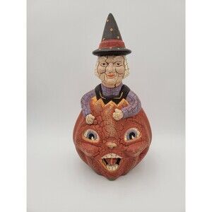 15" Painted Terra Cotta Witch Double Sided Pumpkin Halloween Centerpiece Decor